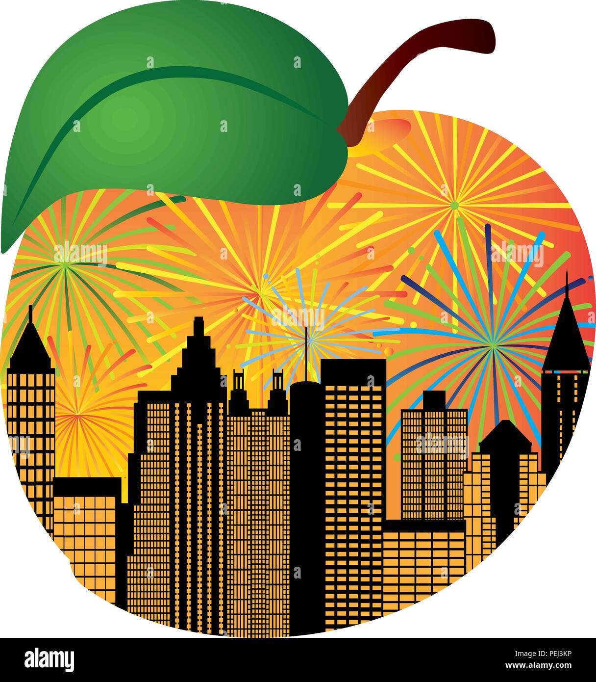 Atlanta Georgia City Skyline Night Sky Fireworks Silhouette Inside Peach Fruit Outline Illustration Stock Vector