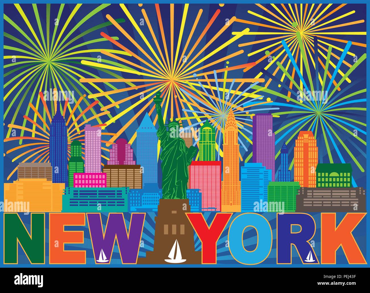 New York City Skyline with Statue of Liberty Fireworks and text color Outline Illustration Stock Vector