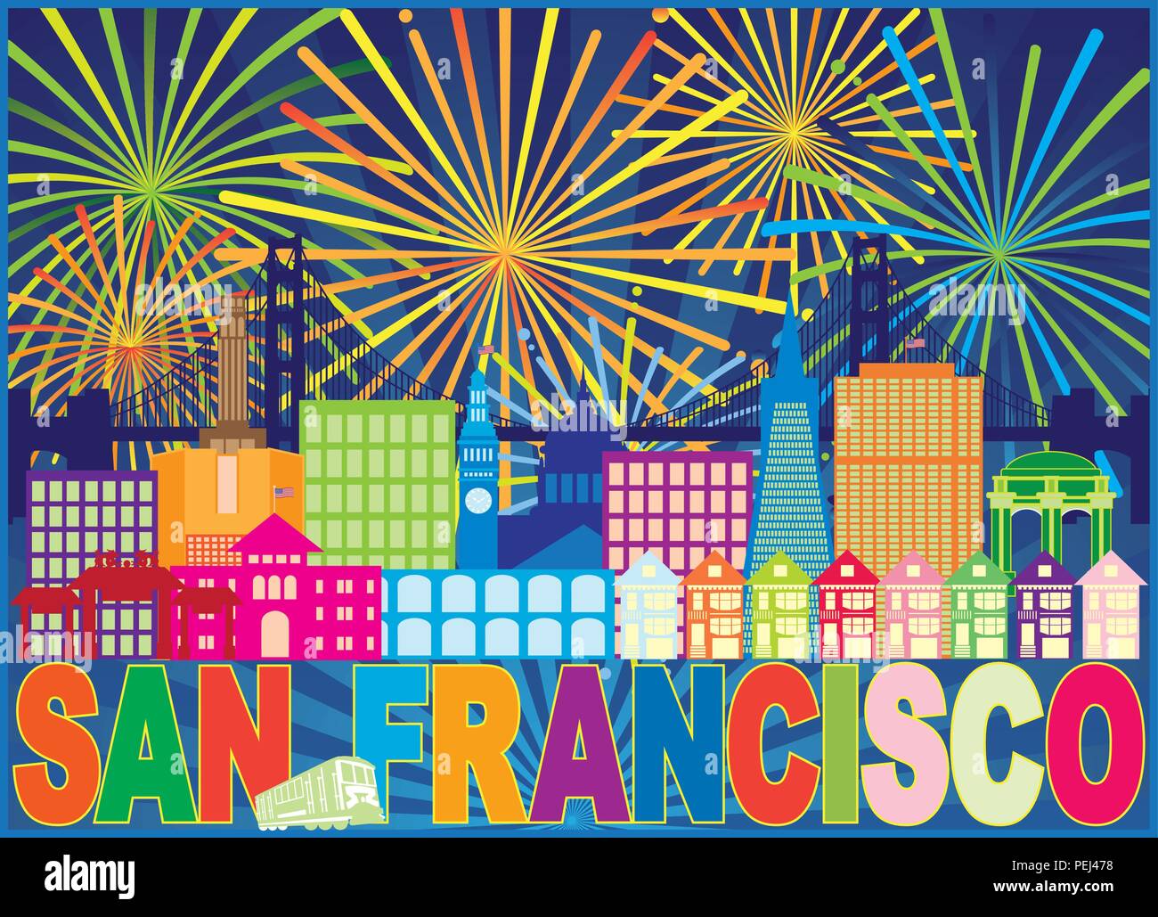 San Francisco California City Skyline with Trolley Sun Rays Text Fireworks display pattern color Illustration Stock Vector
