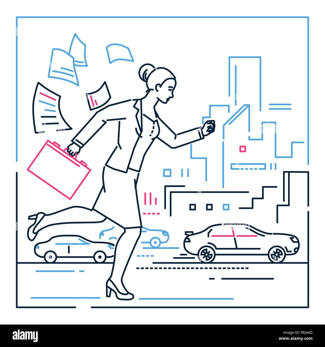 Businesswoman late for a meeting line design style illustration stock