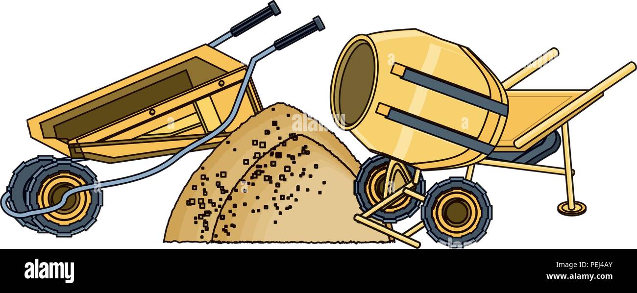 concrete mixer and wheelbarrow icon over white background, vector ...