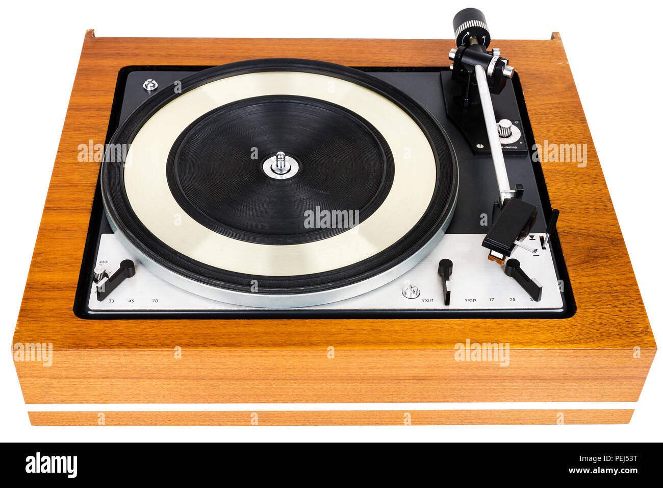 Vintage turntable vinyl record player isolated on white. Wooden plinth ...