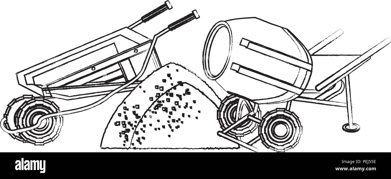 concrete mixer and wheelbarrow icon over white background, vector ...