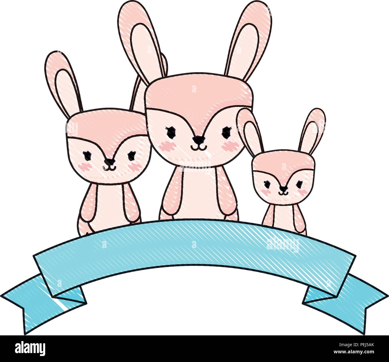 decorative ribbon and cute rabbits over white background, vector ...