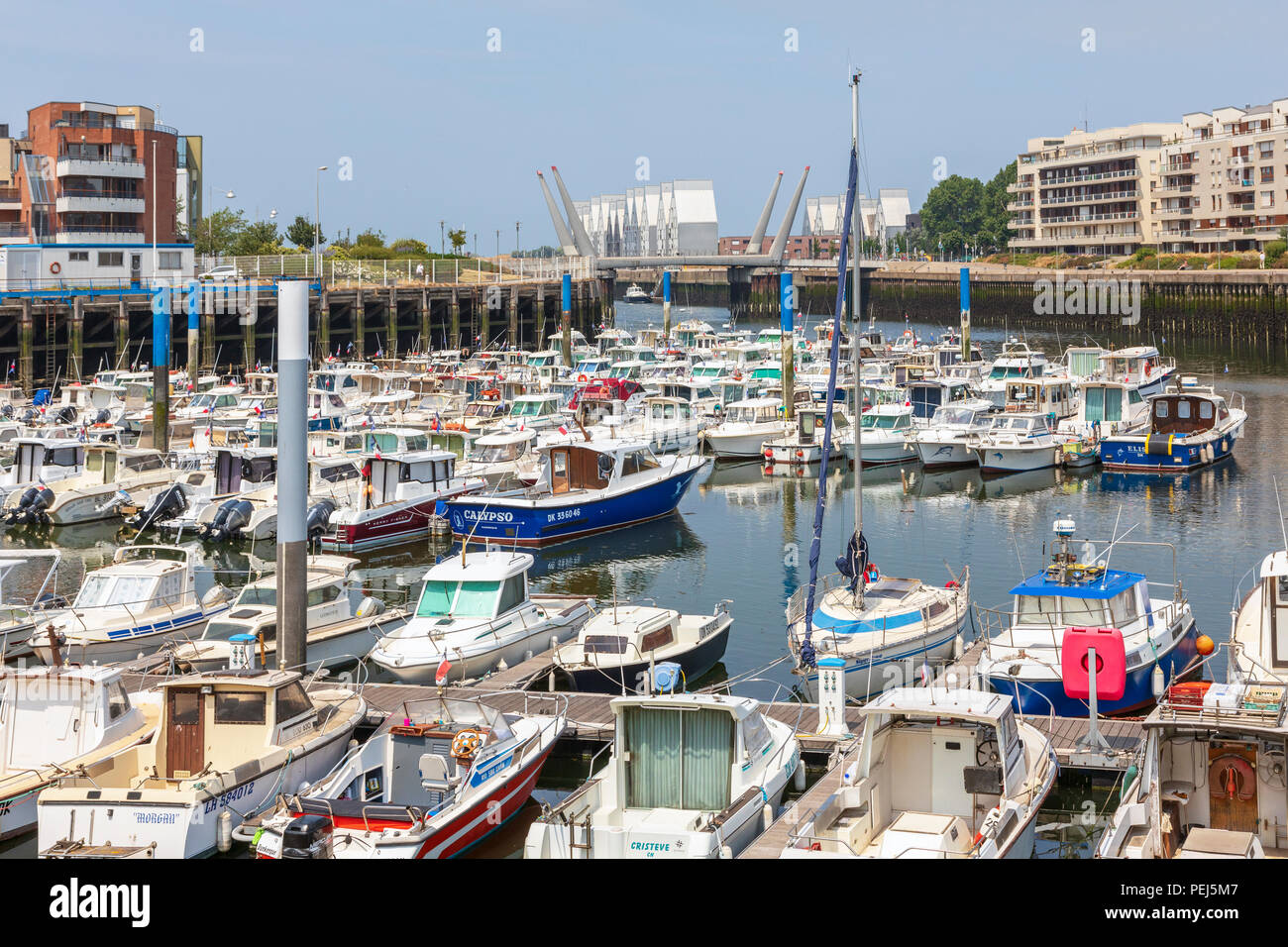 Local fleet of small boats in Dunkirk harbour, Dunkirk, France Stock Photo