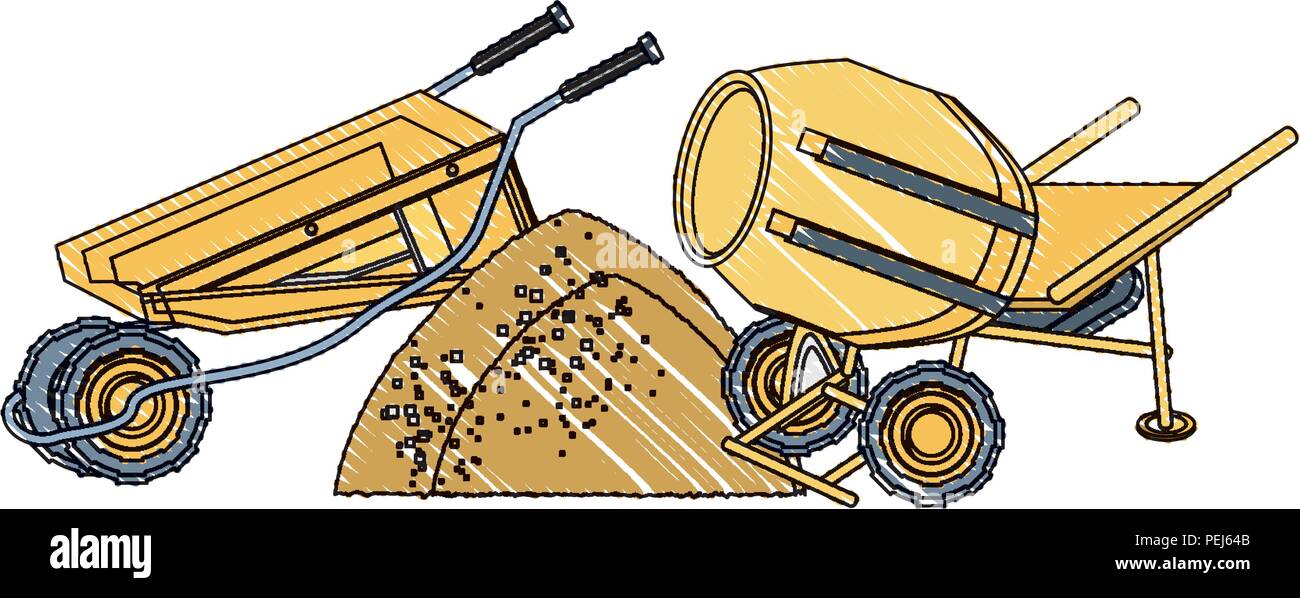 concrete mixer and wheelbarrow icon over white background, vector ...