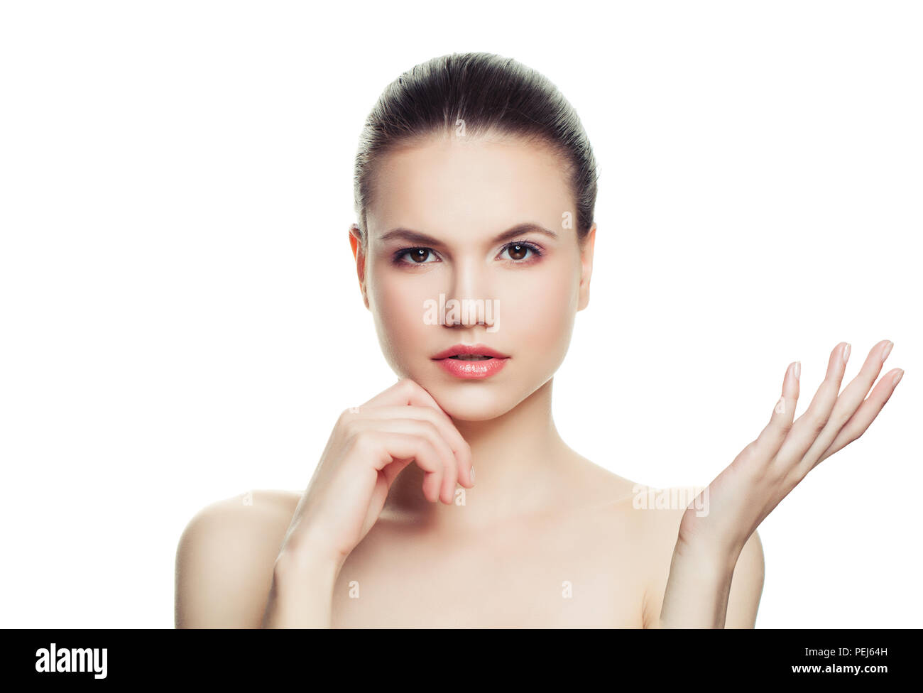 Spa model woman showing empty copy space on the open hand isolated on ...