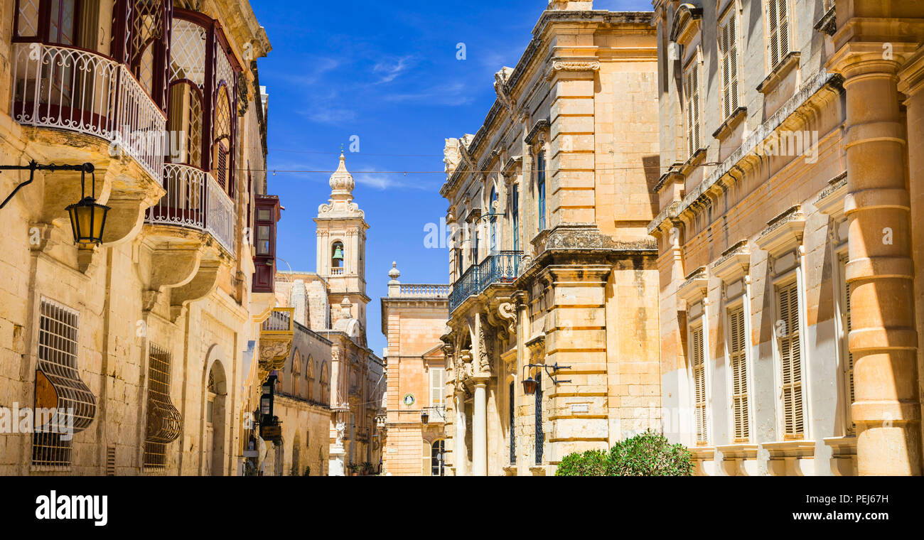Beautiful Mdina town,view with cathedral and old houses,Malta. Stock Photo