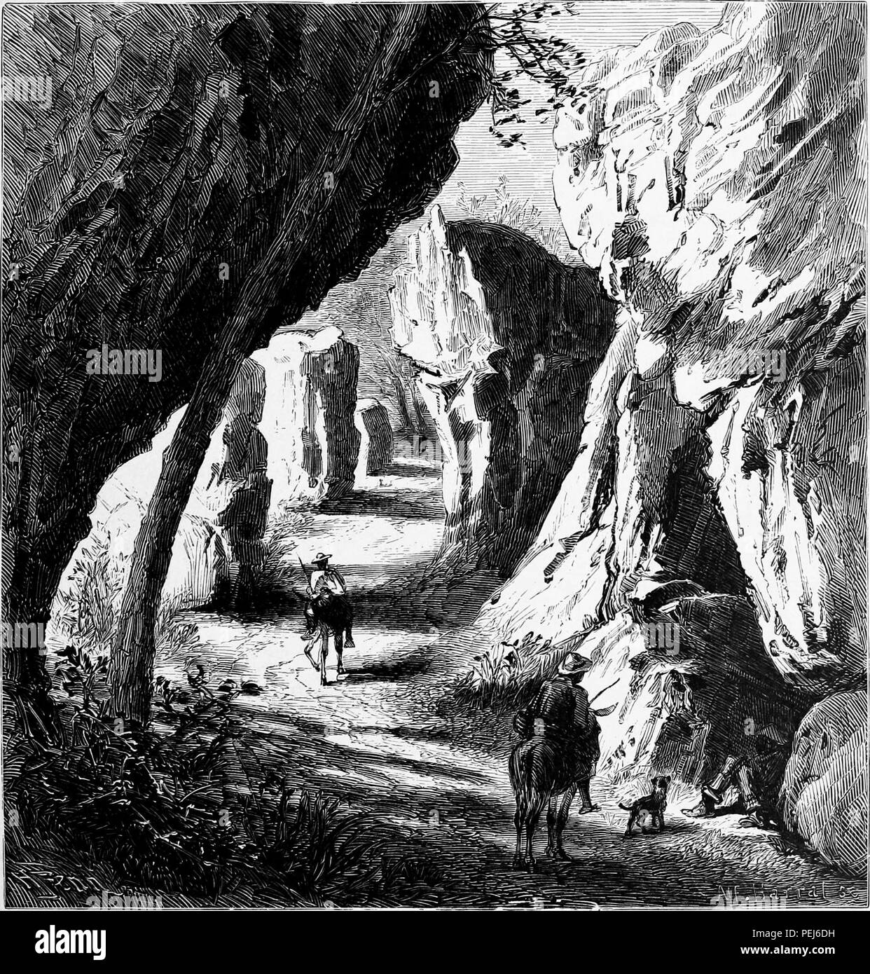 Black and white vintage print depicting people riding donkeys, one stopping at the figure of a man seated under the ledge of a rock, located in Rock City, on Lookout Mountain near Chattanooga, Tennessee, USA, published in William Cullen Bryant's edited volume 'Picturesque America; or, The Land We Live In', 1872. Courtesy Internet Archive. () Stock Photo