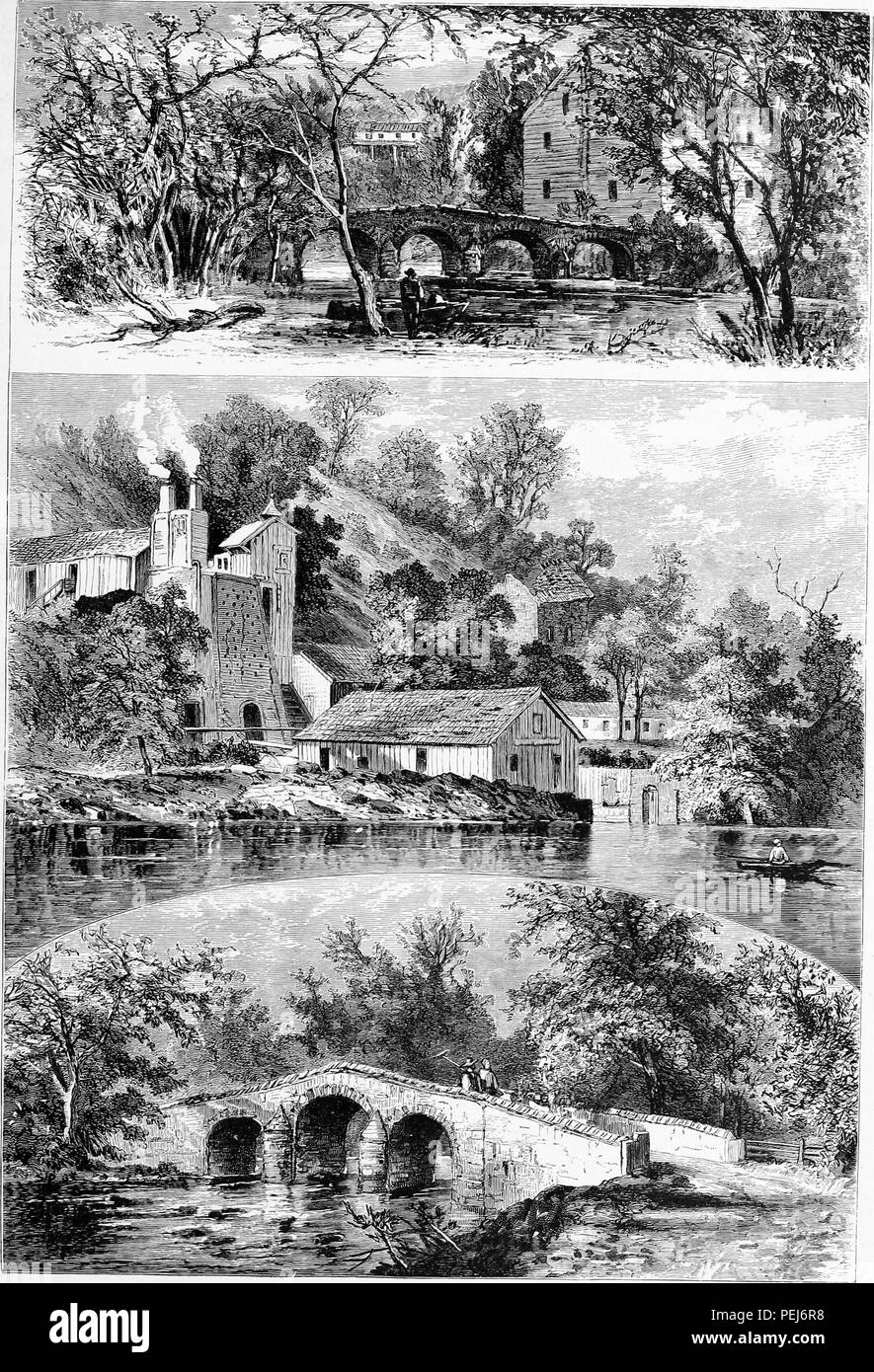 Black and white vintage print in three registers, depicting scenes along Antietam Creek near Sharpsburg in northwestern Maryland, USA, including (from top to bottom) an old bridge and mill, the Antietam Rolling Mill, and Burnside's Bridge (a Civil War landmark) published in William Cullen Bryant's edited volume 'Picturesque America; or, The Land We Live In', 1872. Courtesy Internet Archive. () Stock Photo
