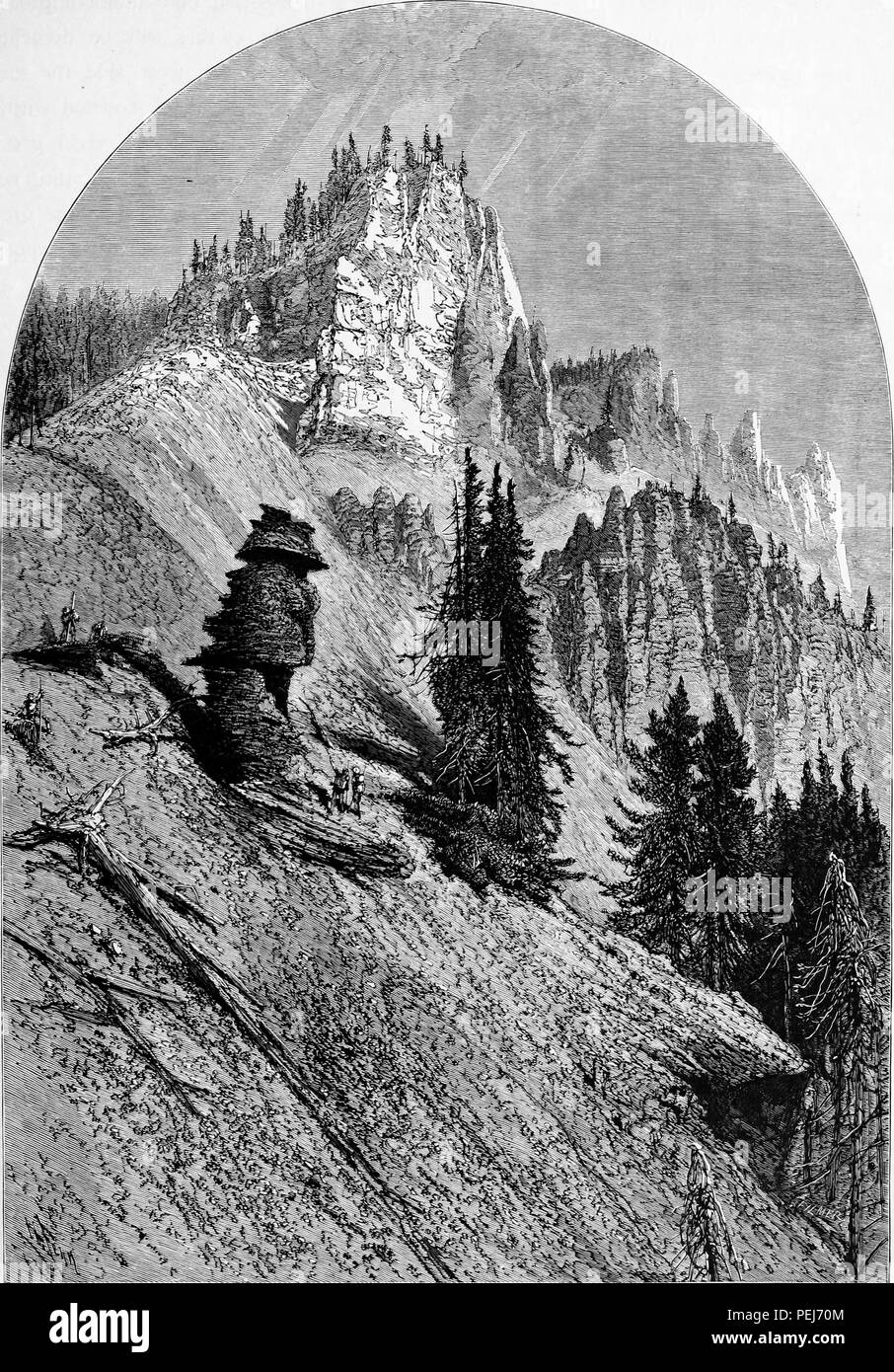 Black and white vintage print with the figures of several people navigating the rocky faces of Yellowstone's cliffs, located in Yellowstone National Park, which spans the states of Idaho, Montana, and Wyoming, in the USA, published in William Cullen Bryant's edited volume 'Picturesque America; or, The Land We Live In', 1872. Courtesy Internet Archive. () Stock Photo