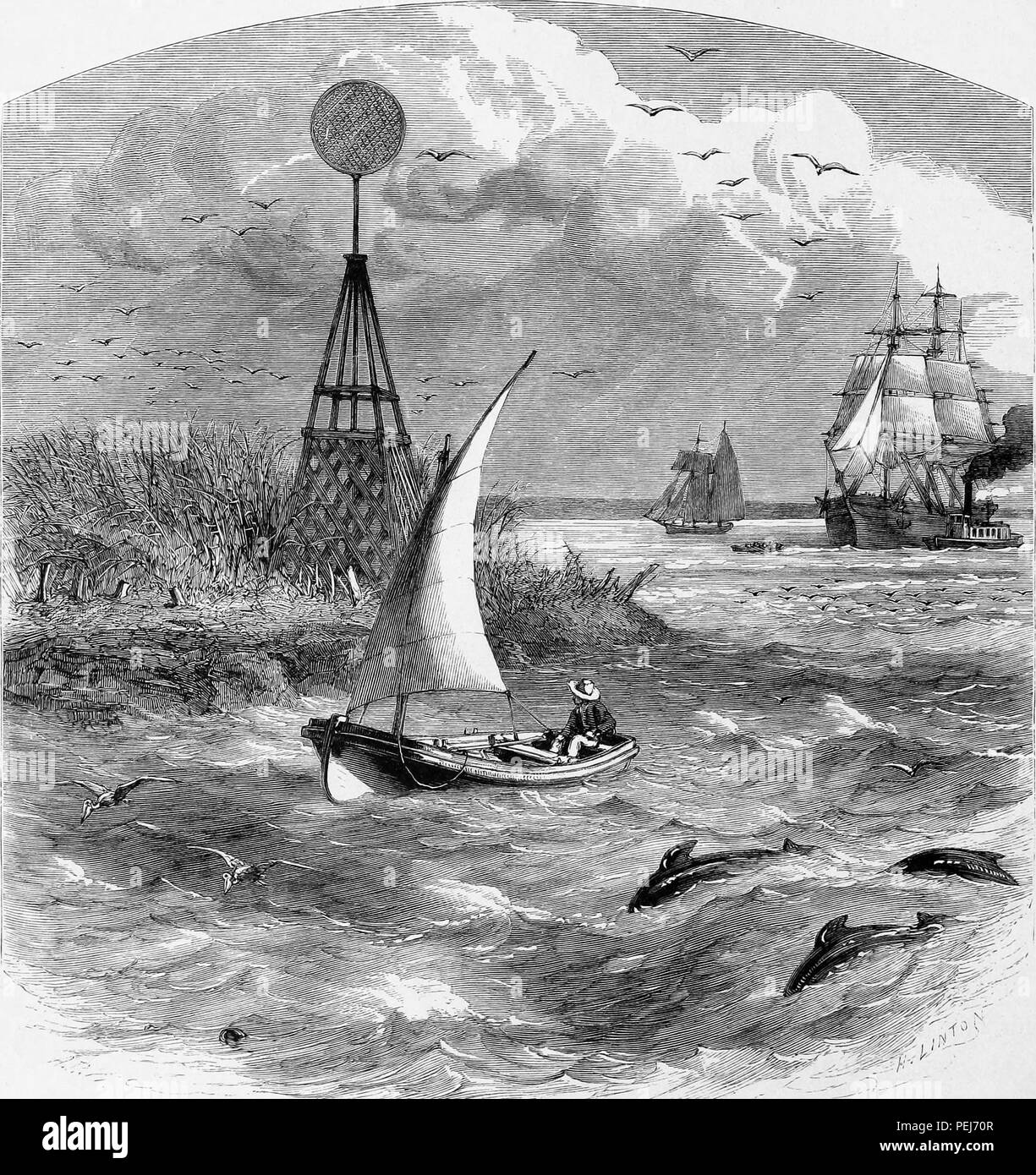 Black and white vintage print depicting a man sailing a dinghy, with dolphins in the foreground and several large sailing ships and a tugboat in the background, in the Southwest Pass, a channel of the Mississippi Delta leading out to the Gulf of Mexico, located in Plaquemines Parish in southeastern Louisiana, and published in William Cullen Bryant's edited volume 'Picturesque America; or, The Land We Live In', 1872. Courtesy Internet Archive. () Stock Photo