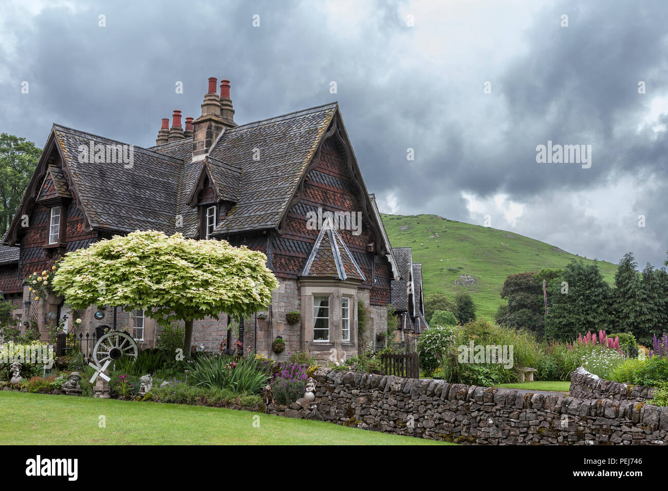 Cottage and garden, Ilam, Staffordshire, UK Stock Photo