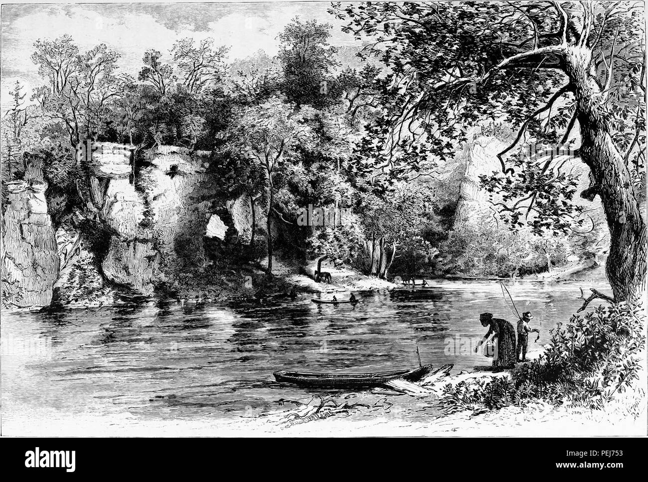Black and white vintage print depicting a woman and a boy fishing next to the bank of the New River, with foliage and a natural rock arch in the background, located near Eggleston Springs, Virginia, USA, published in William Cullen Bryant's edited volume 'Picturesque America; or, The Land We Live In', 1872. Courtesy Internet Archive. () Stock Photo