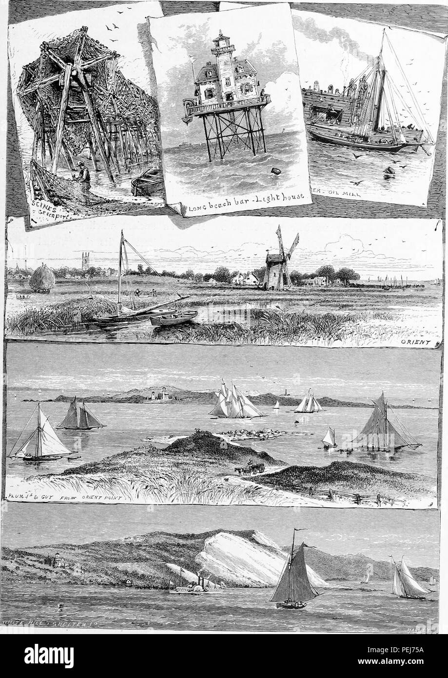 Black and white vintage print depicting scenes in four registers of the East End of Long Island, New York, USA, including (from top left to right) fishing apparatus on the beach at Greenport, the Long Beach Bar Lighthouse, and several vessels docked next to an Oil Mill, the lower registers (top to bottom) depict the town of Orient, a view from Orient Point, and the White Hill Shelter, published in William Cullen Bryant's edited volume 'Picturesque America; or, The Land We Live In', 1872. Courtesy Internet Archive. () Stock Photo