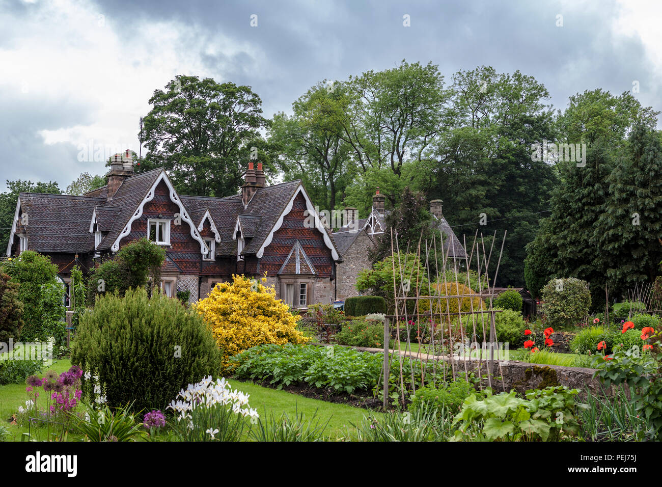 Cottages and gardens, Ilam, Staffordshire Stock Photo