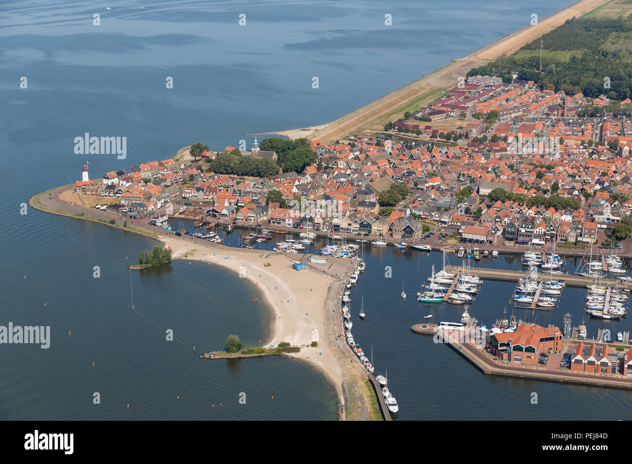 Aerial view Dutch fishing village with harbor and residential area Stock Photo