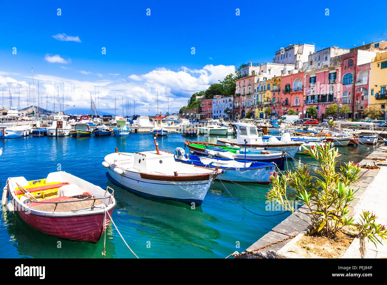 Beautiful Procida island,view with traditional boats and houses,Campania,Italy Stock Photo