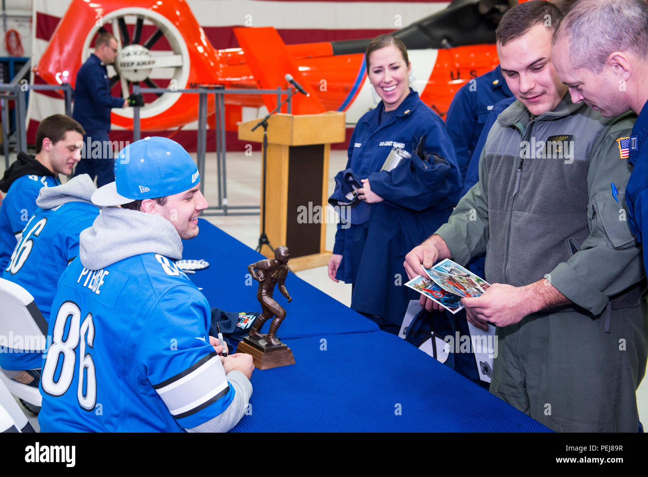 Casey Pierce, a rookie tight end for the Detroit Lions, has a laugh with crew members at Coast
