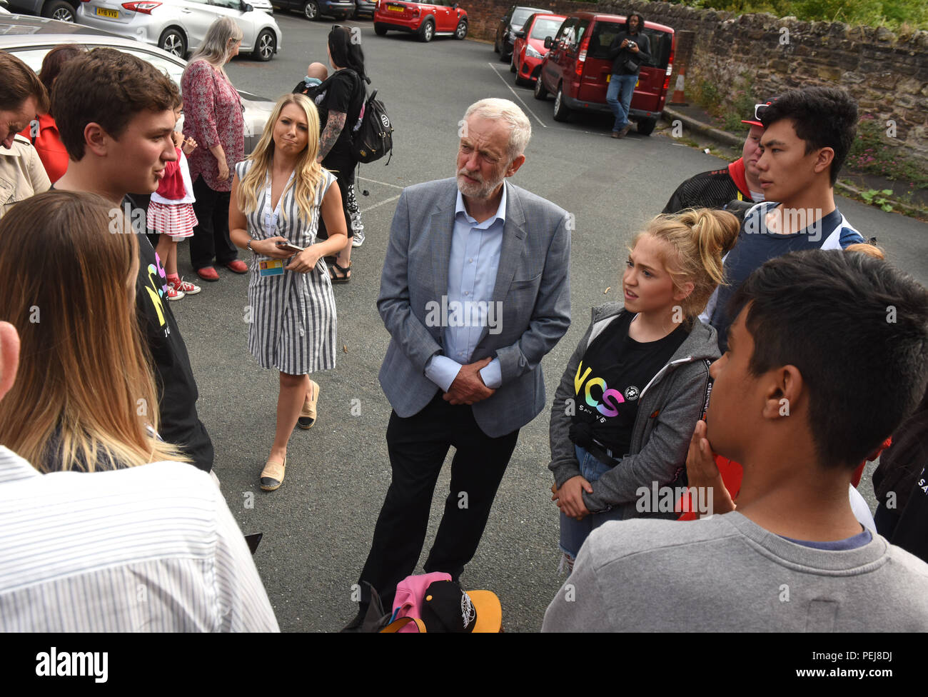 Labour party leader Jeremy Corbyn MP talking to young people Coalbrookdale Uk Stock Photo
