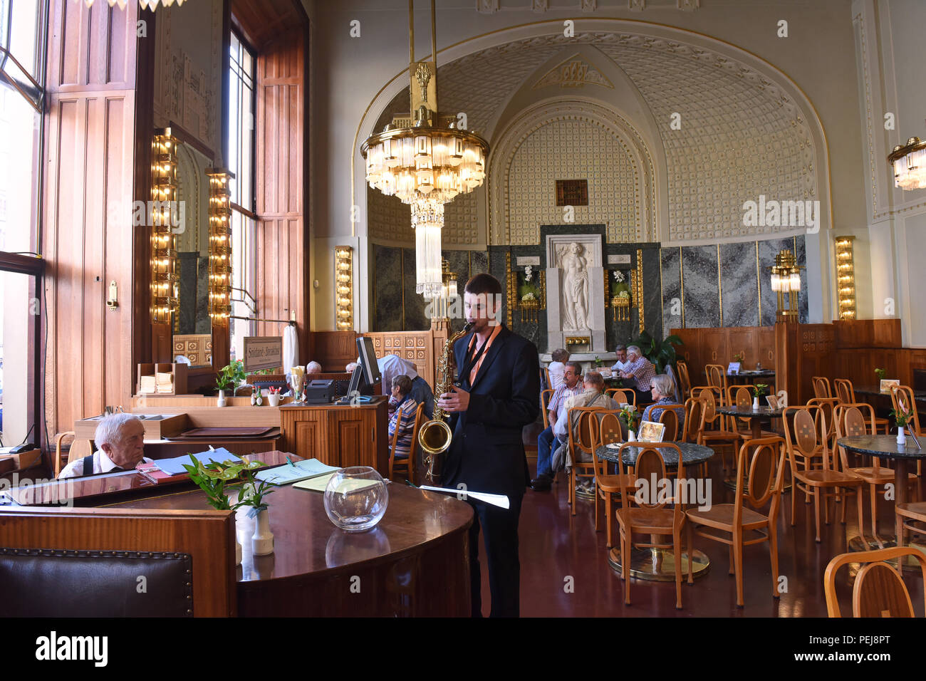 Live music in the cafe restaurant of The Prague Municipal House Czech Republic Stock Photo