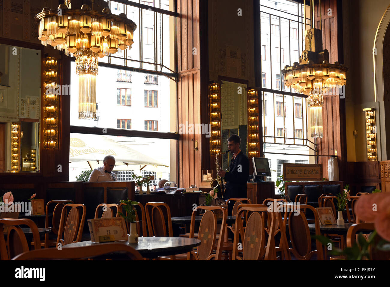 Live music in the cafe restaurant of The Prague Municipal House Czech Republic Stock Photo