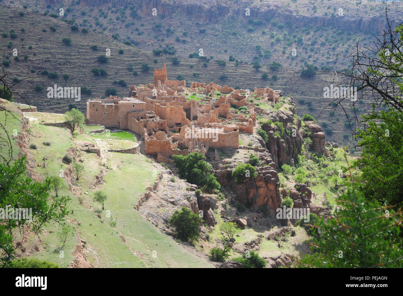 Semi-ruined Kasbah, a fortified village in the anti Atlas mountains, Morocco Stock Photo