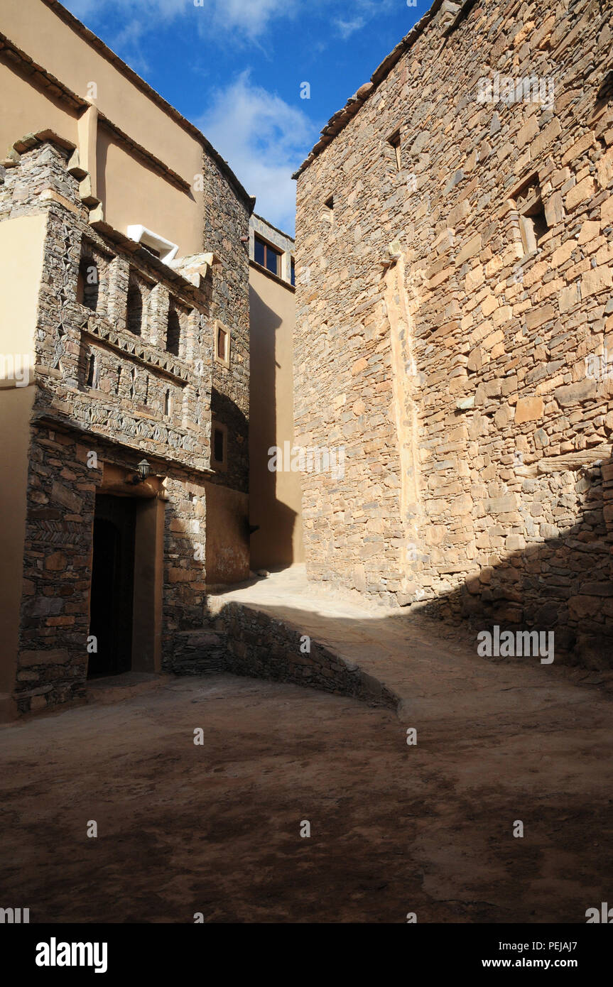 Alleyways and doorways within the walled fortified village of Kasbah Tizourgane in the anti Atlas mountains of Morocco Stock Photo