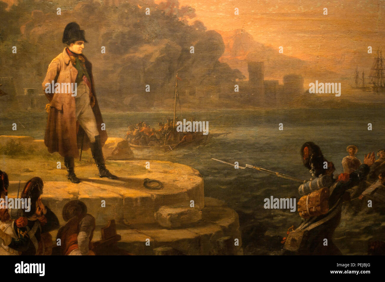 Detail of a painting at "Museo del Risorgimento" in Milan, showing Napoleon Bonaparte ready to leave Elba island. Stock Photo