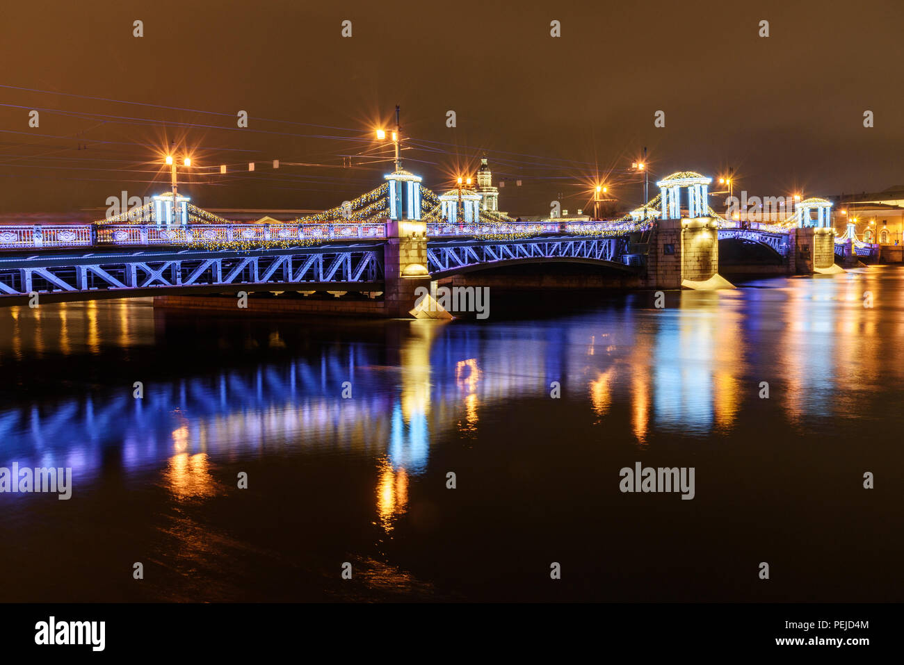 Palace Bridge at night. New Year and Christmas illumunated. Saint Petersburg, Russia Stock Photo