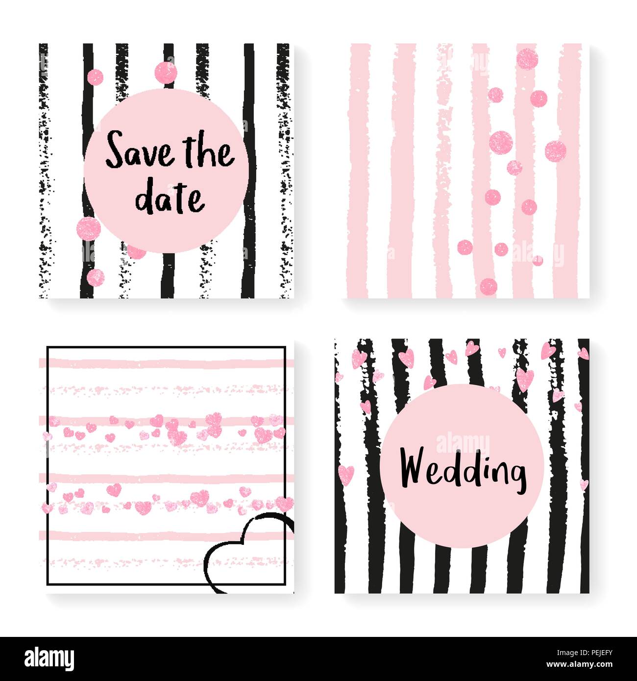 Wedding glitter confetti on stripes, invitation set Stock Vector