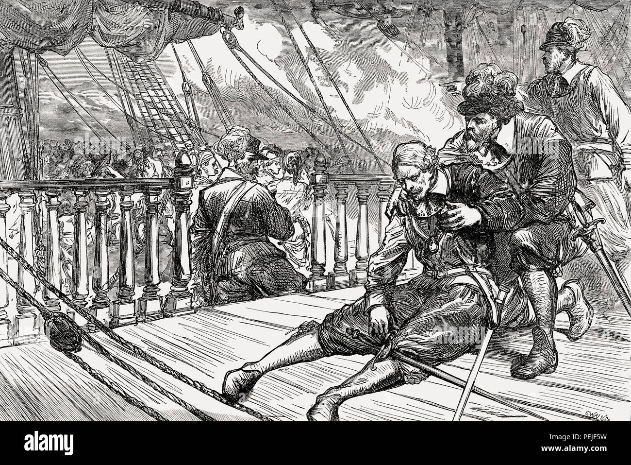 Death of admiral Maarten Harpertszoon Tromp on 31 July 1653, Battle of Scheveningen, From British Battles on Land and Sea, by James Grant Stock Photo
