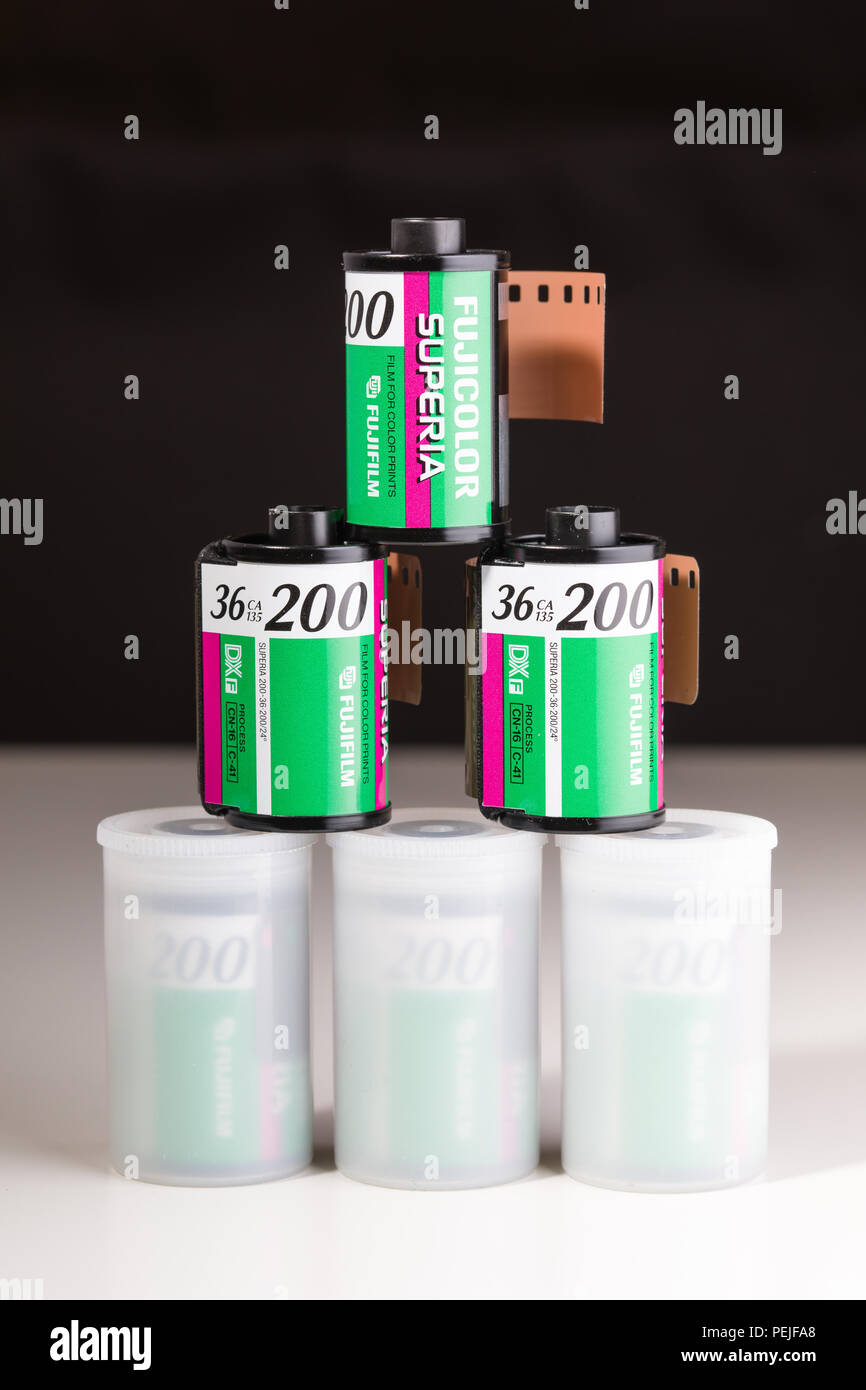Rolls of Fujifilm Superia 200 35mm colour negative roll film in canisters Stock Photo
