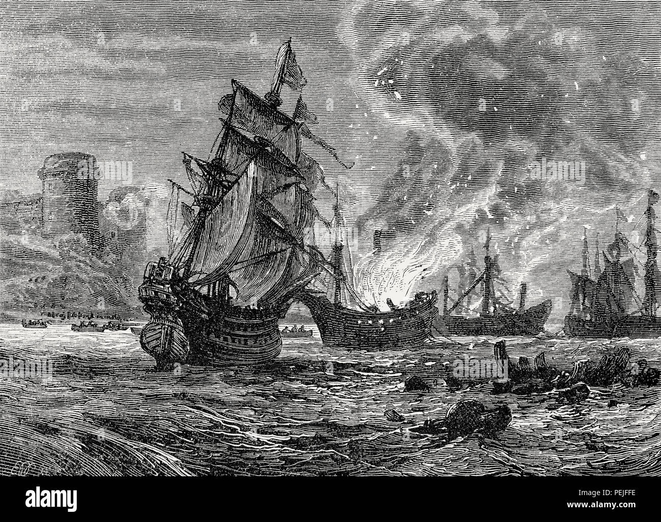 Attack of Upnor Castle by Michiel Adrianszoon de Ruyter, 1607 - 1676, a Dutch admiral, From British Battles on Land and Sea, by James Grant Stock Photo