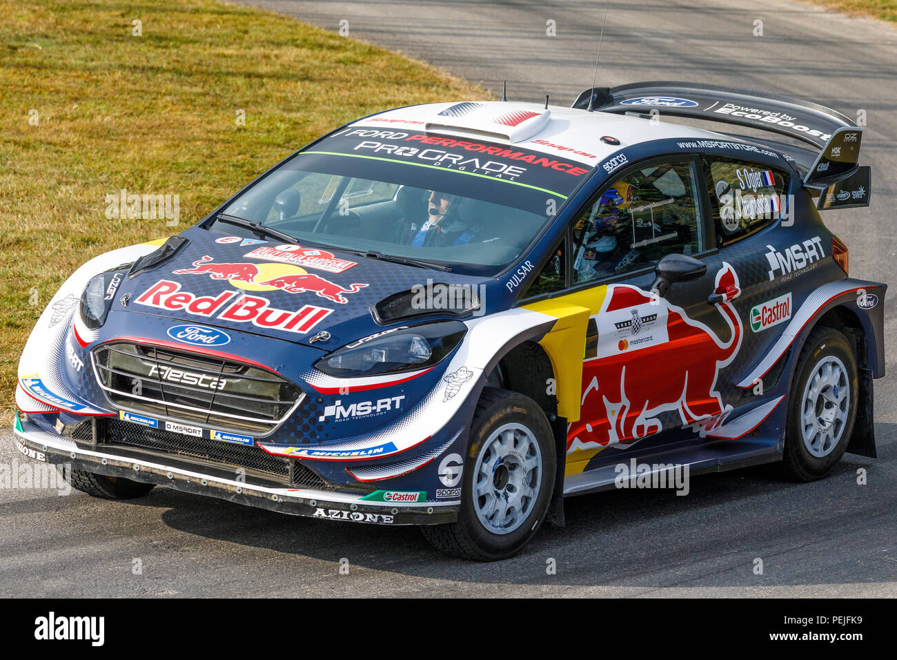 2018 Ford Fiesta WRC rally car with driver Sebastien Ogier at the 2018 Goodwood Festival of Speed, Sussex, UK. Stock Photo