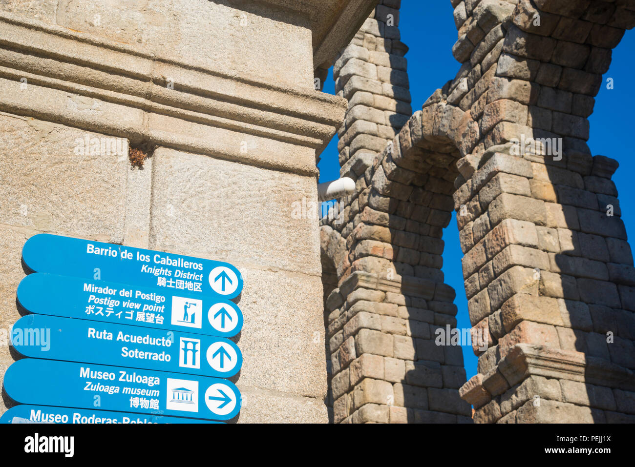 Roman aqueduct and touristis information. Segovia, Spain. Stock Photo