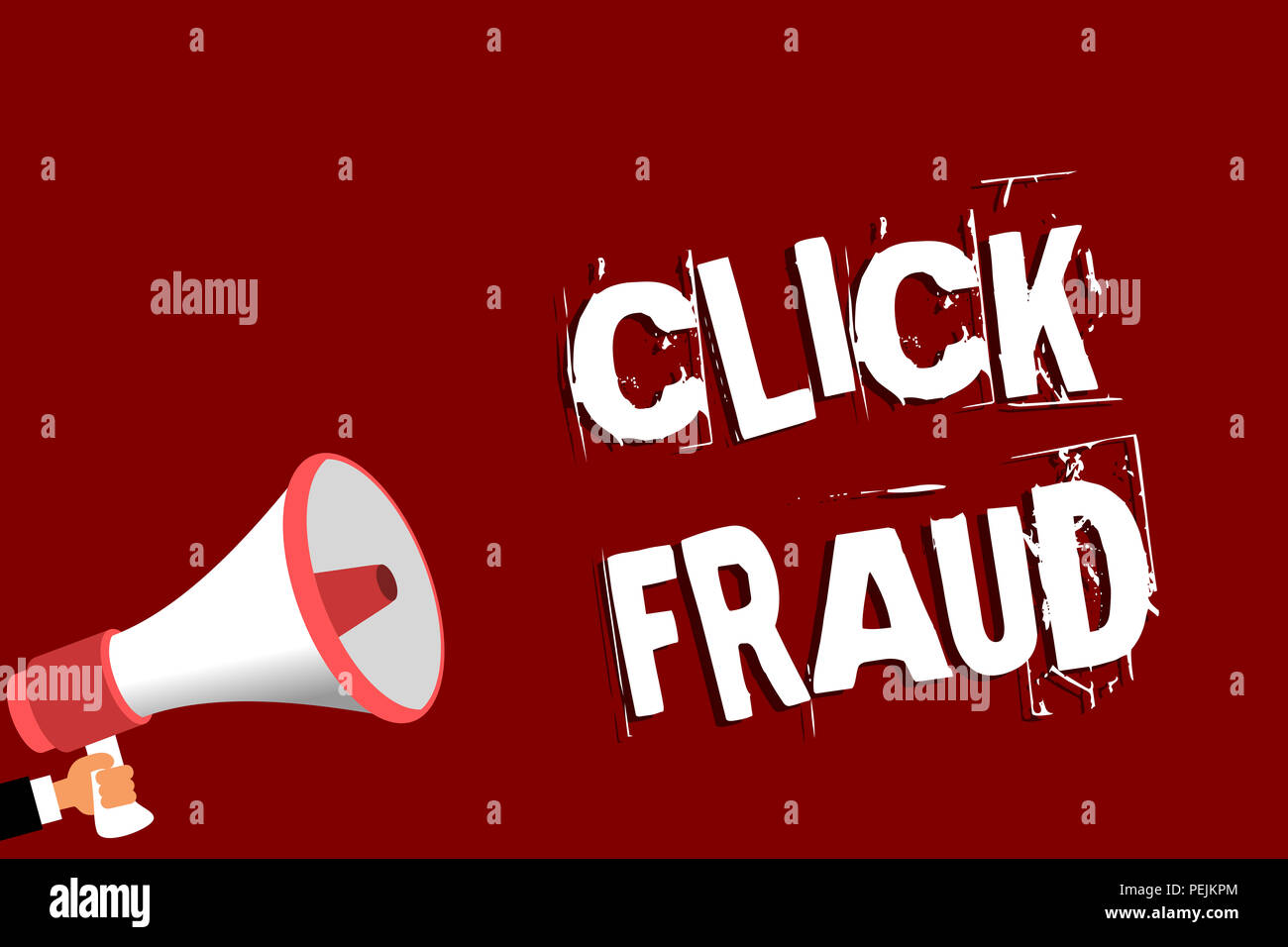 Handwriting text Click Fraud. Concept meaning practice of repeatedly clicking on advertisement hosted website Man holding megaphone loudspeaker red ba Stock Photo