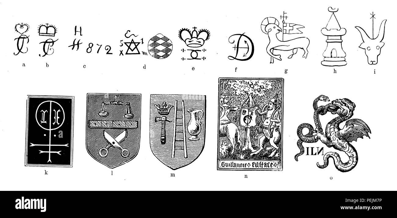 Factory signs of different times and commerce. Trademarks of porcelain factories Frankenthal (a b c) Nyhmphenburg in Bavaria (d), the Spanish factory El Buen Retiro in Madrid (e). the English factory in Derby (f). Paper brands from the 14th and 15th centuries (g h i), printers crest 8k). Brands French goldsmith (l m). Factory sign of bookbinder Guillaume Eustace in Paris (s). Booksellers make from the year 1595 (o);Factory mark of different times and trade. Brands of the porcelain factories Frankenthal (a b c), Nyhmphenburg in Bavaria (d), the Spanish factory El Buen Retiro near Madrid (e). th Stock Photo