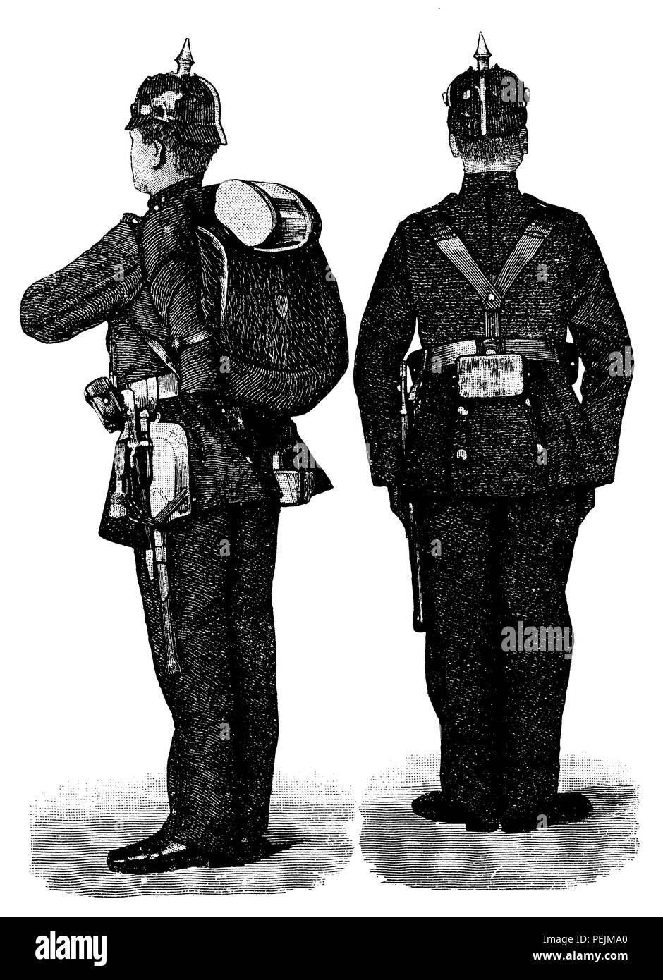 Infantryman with the new baggage from 1887 (complete equipment, left) and with the new luggage from 1887 (without backpack, but with cartridge pockets, right), Stock Photo