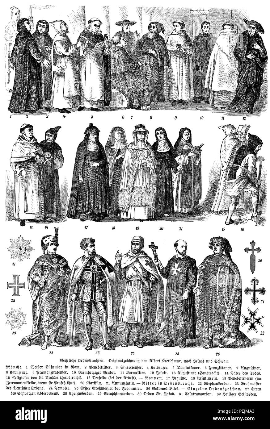 Spiritual orders. Original drawing by Albert Kretschmar, after Helhot and Schwan. Monks. 1 White penitent in Rome. 2 Benedictines. 3 Ecientians. 4 caravans. 5 Dominicans. 6 Franciscans. 7 Augstiners. 8 capuchins. 9 Premonstratensians. 10 Merciful brother. 11 Carmelites. 12 Jusuit. 13 Augustinian (house). 14 fathers of death. 15 Religious of La Trappe (House). 16 The same (at work) - nuns. 17 Beguine. 18 Ursuline. 19 Benedictine (in ceremonial dress, if she does profession). 20 Clarissin. 21 Annunziatin knights in medal dress. 22 St. Stephen's orders. 23 Grand Master of the Teutonic Order. 24 t Stock Photo