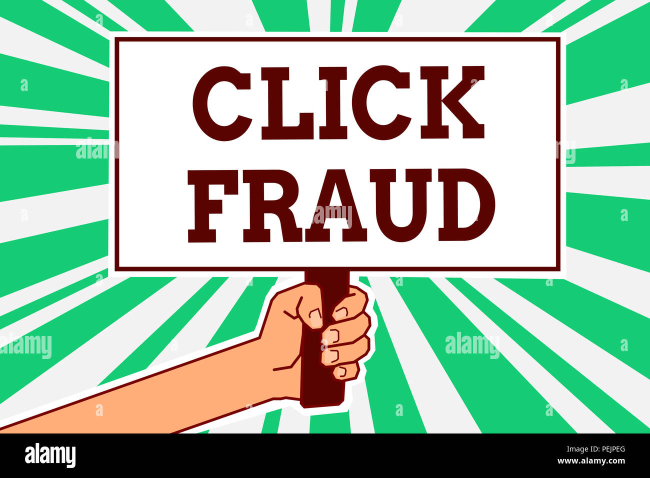 Writing note showing Click Fraud. Business photo showcasing practice of repeatedly clicking on advertisement hosted website Man hand holding poster im Stock Photo