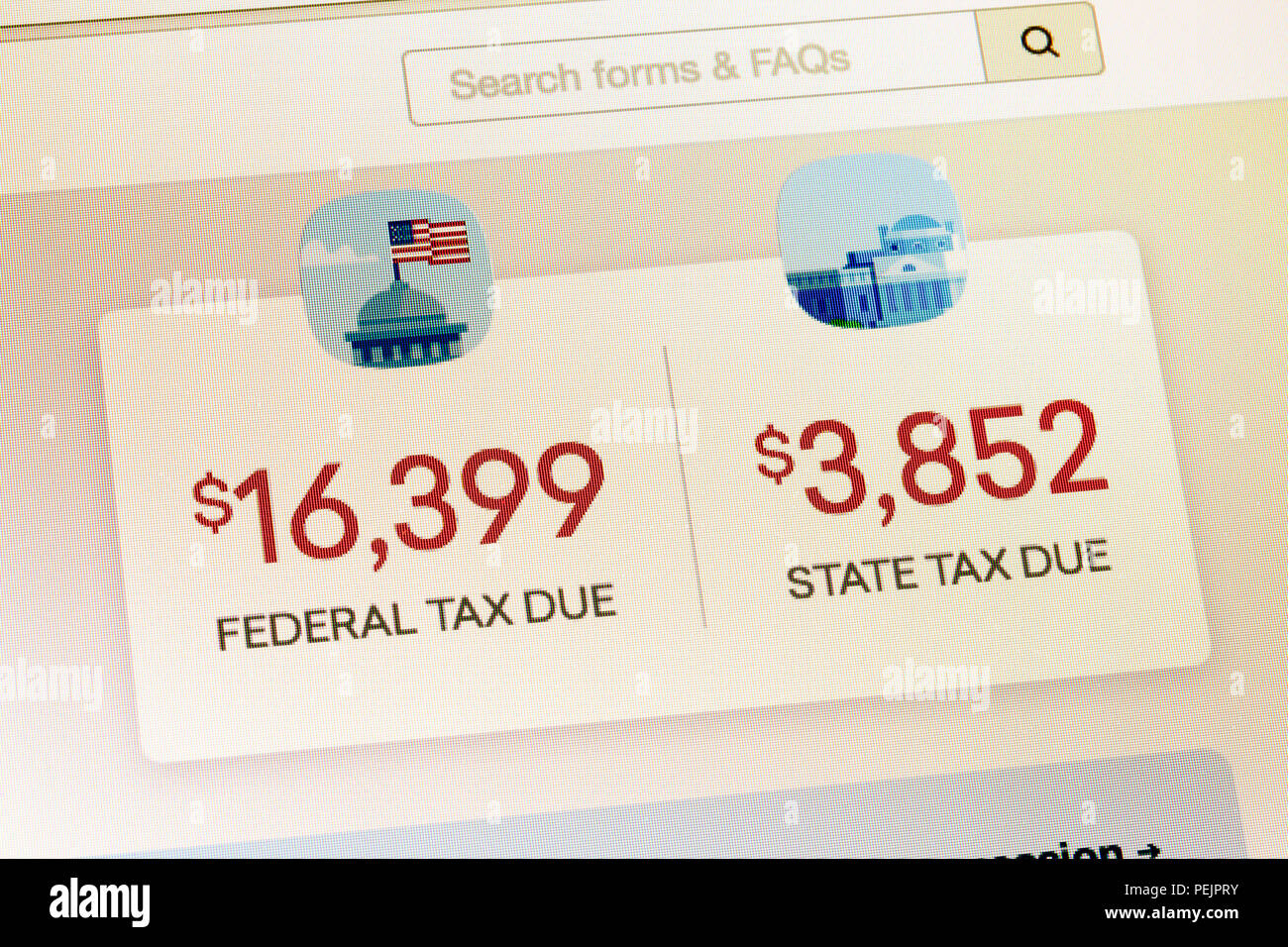 On-line income tax filing due amounts on screen (taxes due) - USA Stock Photo