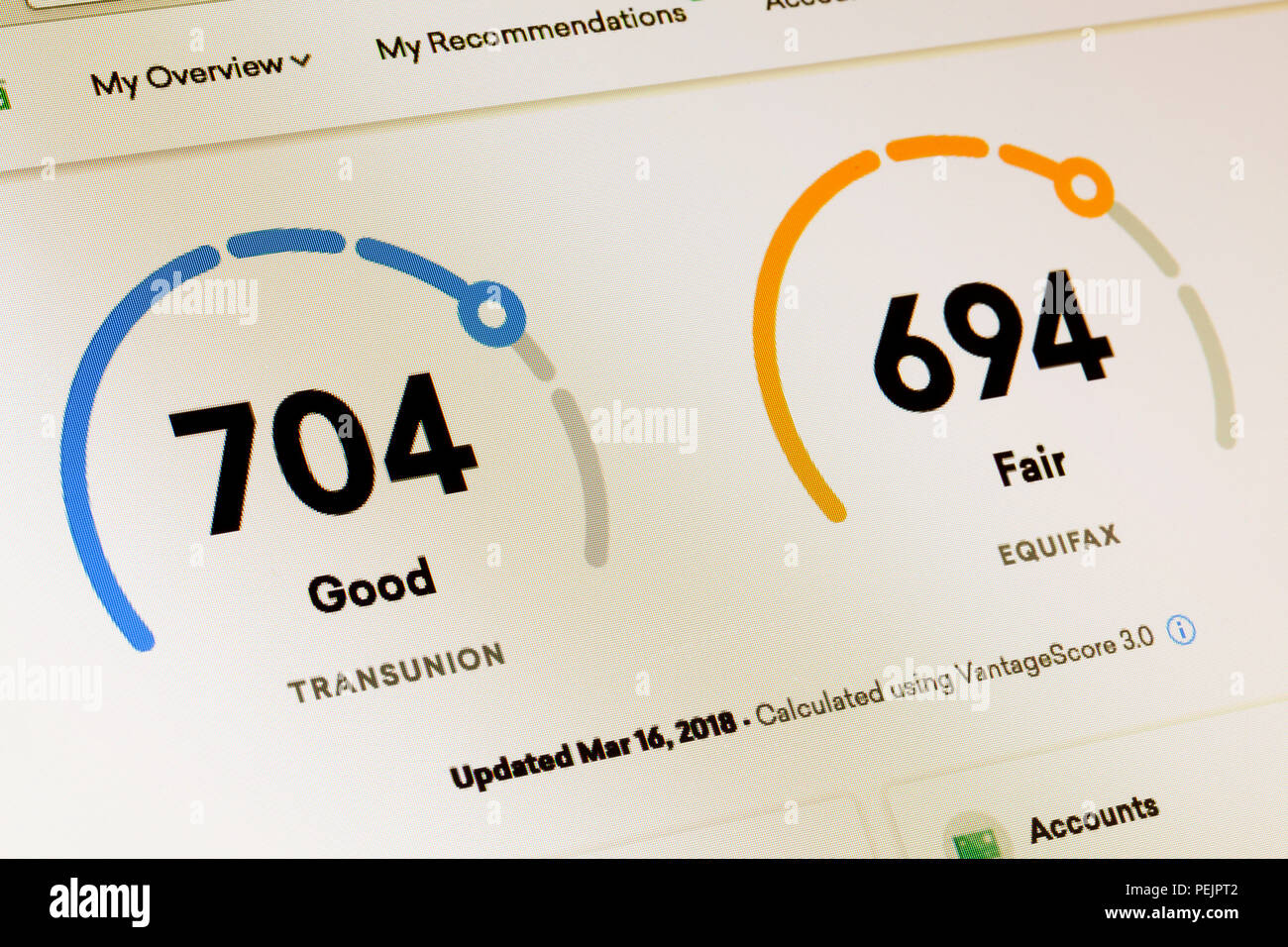 Credit score (FICO score) showing good and fair rating on on-line credit report site - USA Stock Photo