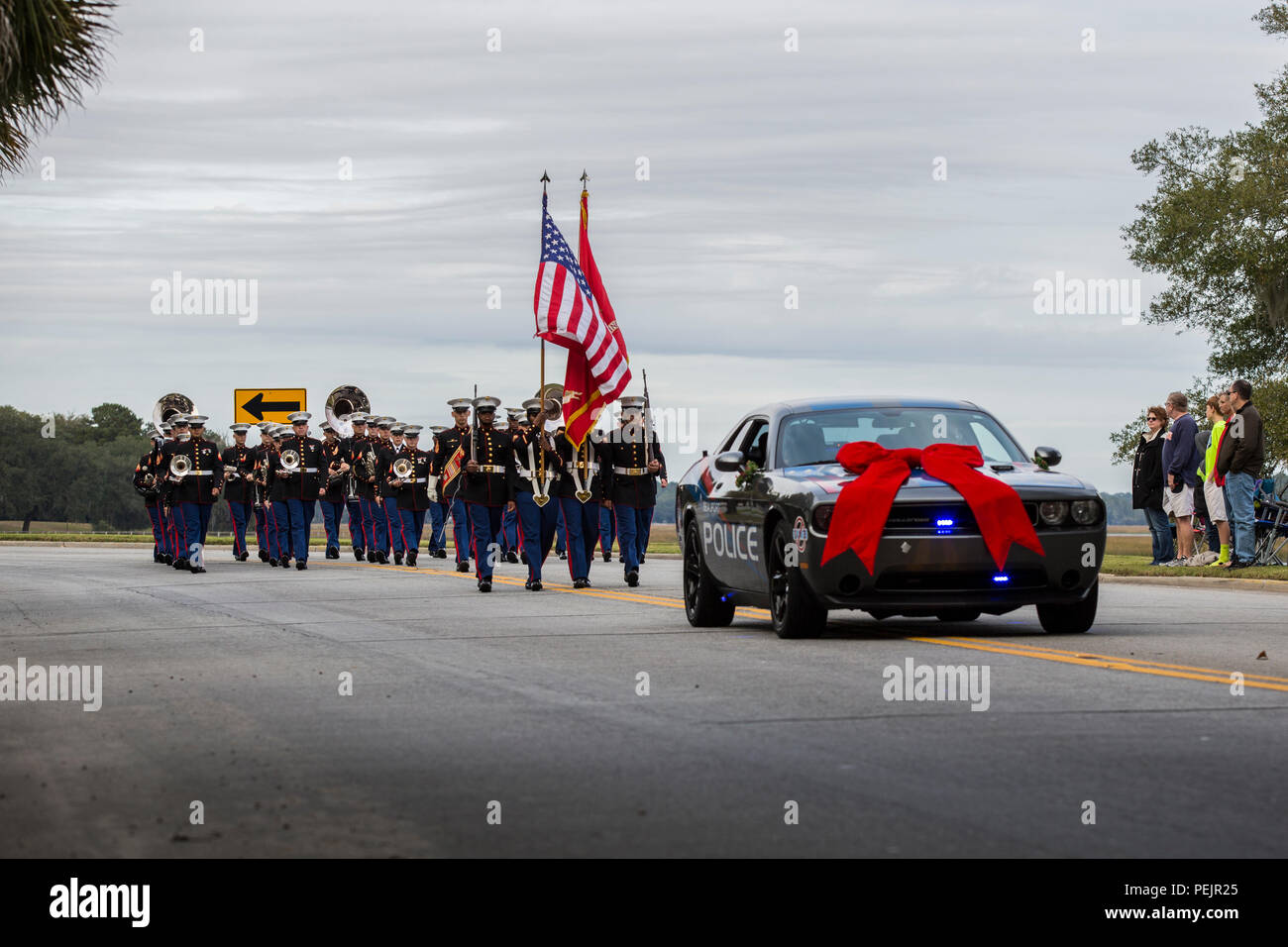 The Marine Corps Recruit Depot Parris Island Band marches down town in