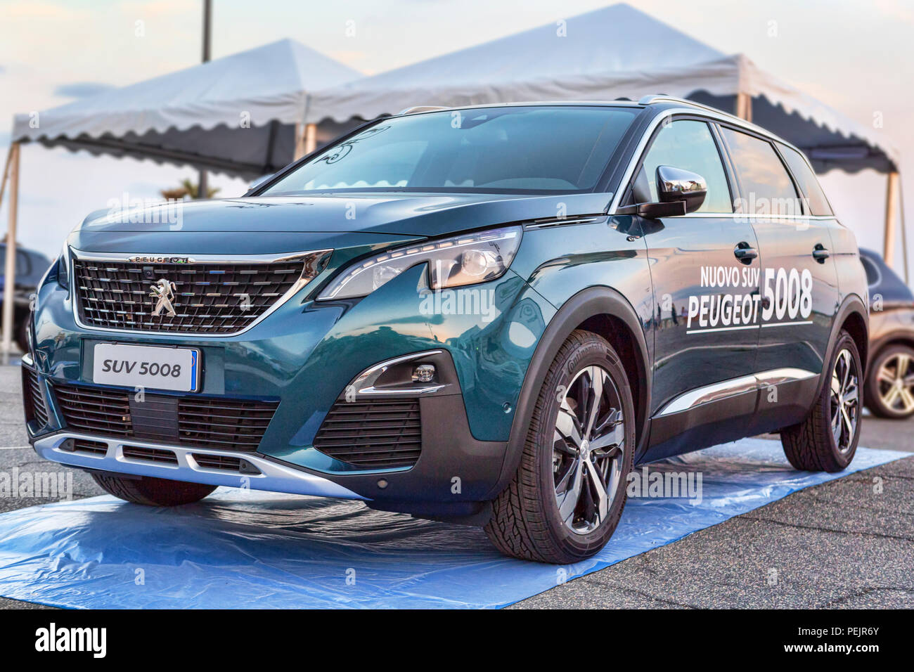 Rome,Italy - July 21, 2018:On occasion of  Rome s Rally event, the motor showrooms exhibit new cars models in Rome: A new SUV 5008 from Peugeot Stock Photo