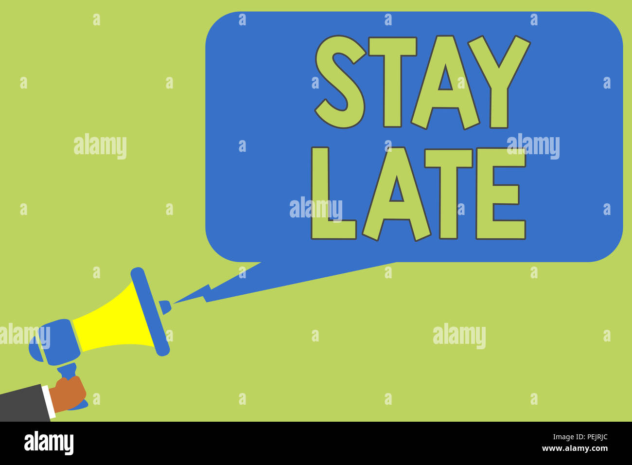 Text sign showing Stay Late. Conceptual photo A routine in which a person goes to somewhere out of time Man holding megaphone loudspeaker speech bubbl Stock Photo