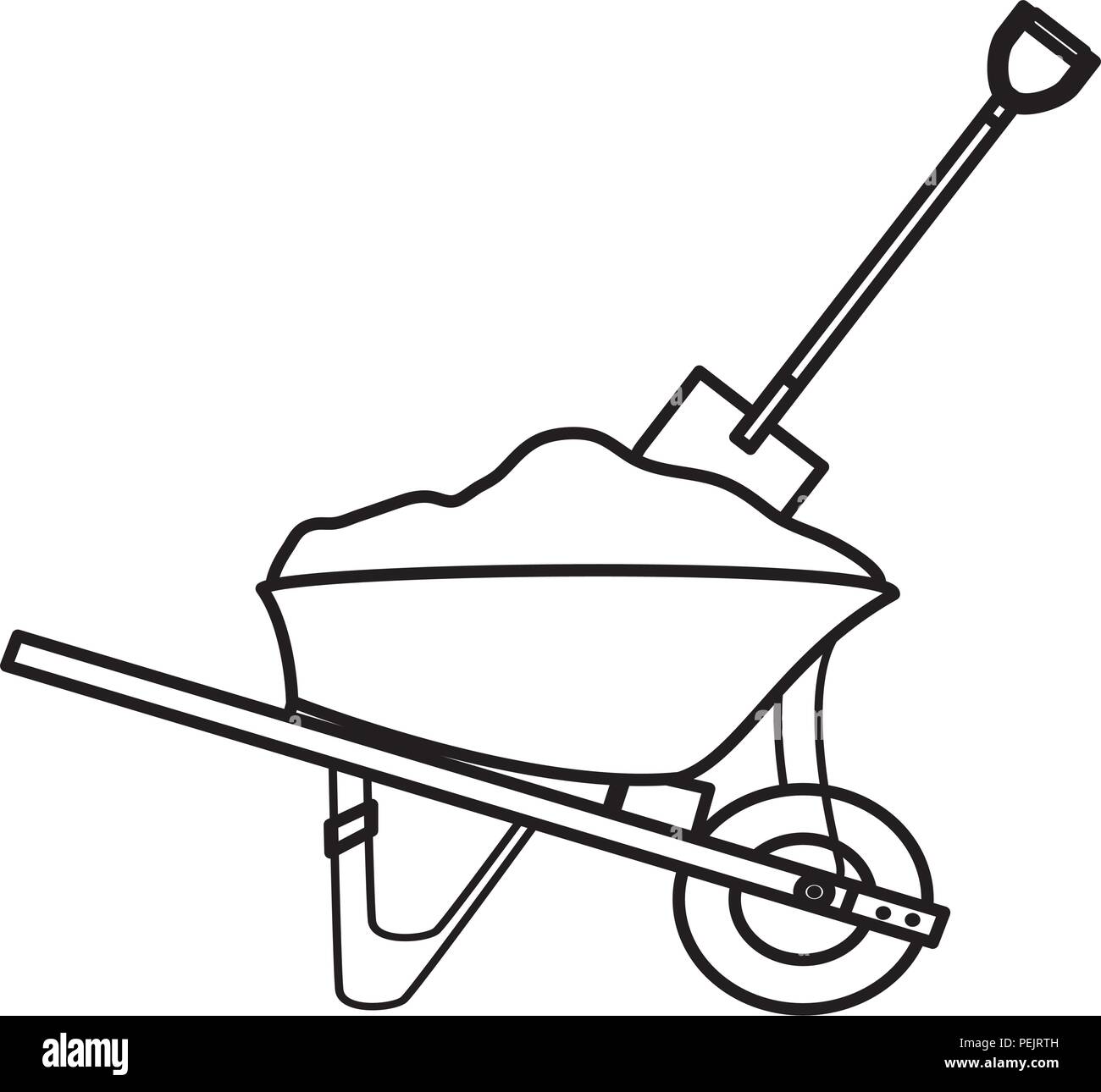 line wheelbarrow construction with cement and shovel equipment Stock
