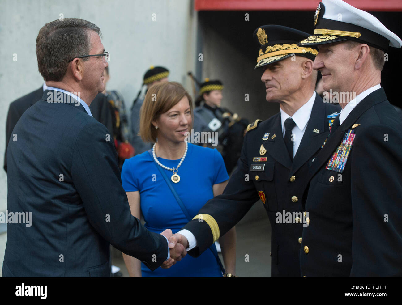 Secretary of Defense Ash Carter greeted the superintendents of West Point  and the United States Naval Academy during the 2015 Army-Navy football game  at Lincoln Financial Field in Philadelphia on December 12.
