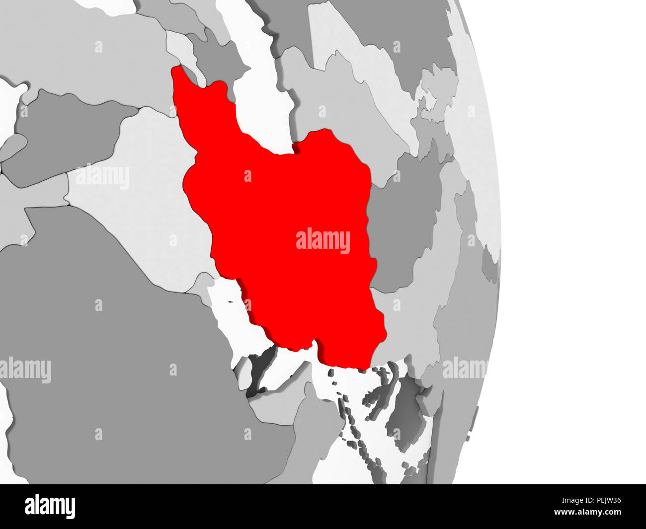 Iran highlighted in red on grey political globe with transparent oceans