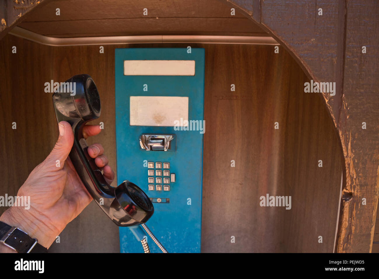 AZ00292-00...ARIZONA - A pay phone at Phantom Ranch in place of cell reception on the floor of the Grand Canyon with no instructions and which must be Stock Photo